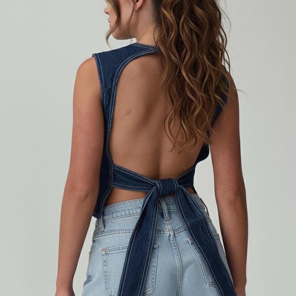 Lioness Denim Open Back Tie Halter Top Dark Wash Contrast Stitch Blue Large